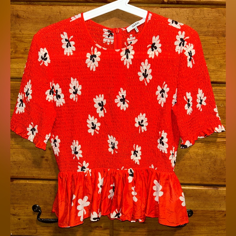 🍊 GANNI Shirred Peplum Top - Floral Silk Blend